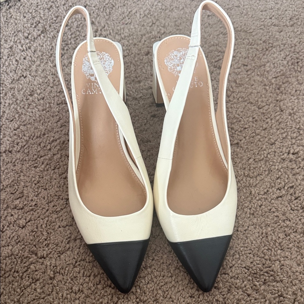 Vince Camuto Cream and Black Pointed Slingback Heels